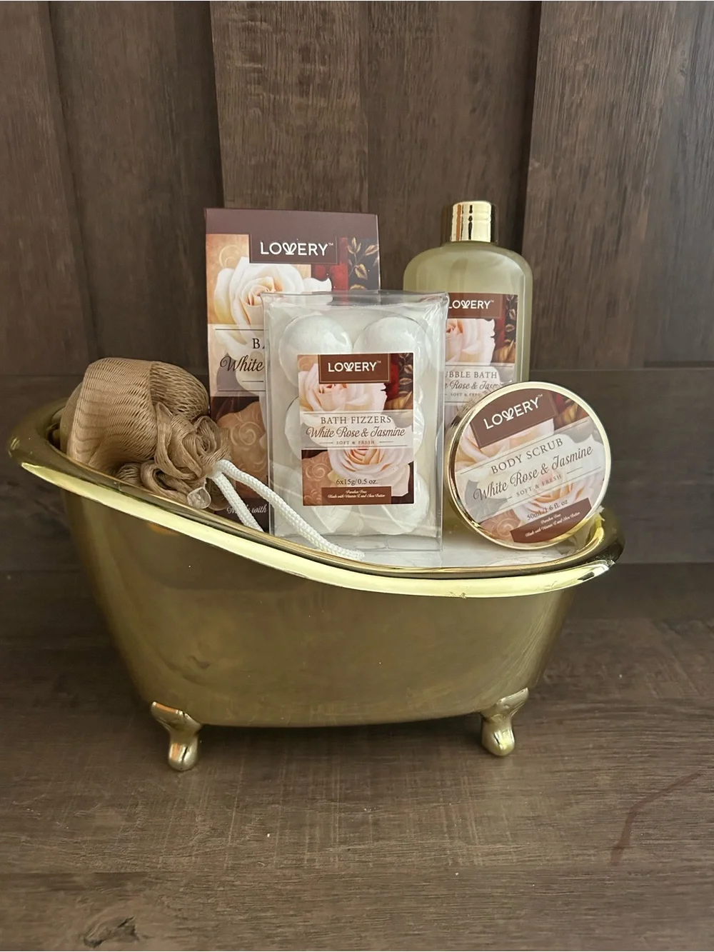 Lovery White Rose & Jasmine Bath Set in Gold & Cream Bathtub Bubble Bath NWOT